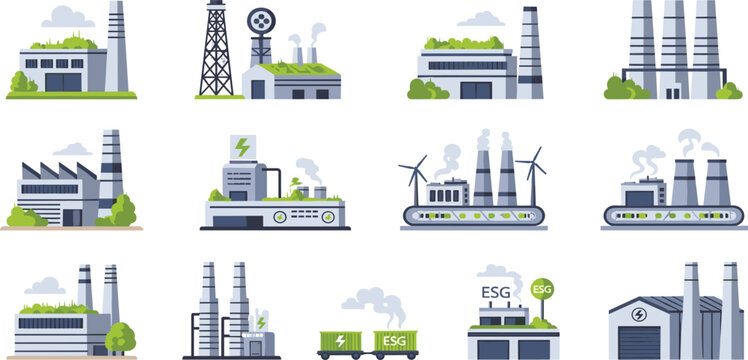 Industrial Factory Vector Set Featuring Manufacturing Plants Energy Production Facilities ESG Sustainable Industry and Power Generation Illustration Collection