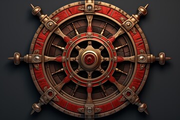 Naklejka premium Red and gold ornate wheel with handles on dark background, blending nautical and spiritual themes, ideal for concepts of navigation, destiny, and esotericism