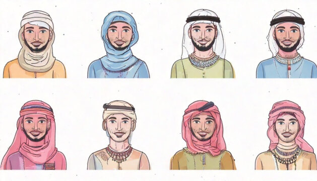 Diverse portraits of Middle Eastern men in traditional attire, cultural representation.