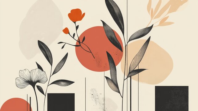 143.Clean abstract vector layout combining bold geometric shapes with delicate plant motifs, overlapping circles and squares blending with simple illustrated flowers and leaves, muted earthy tones,