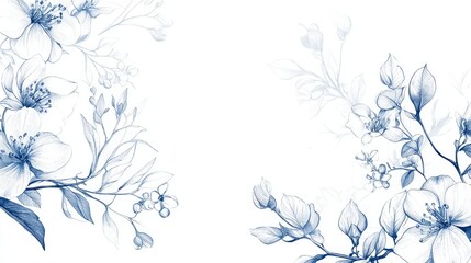Fototapeta premium 149.Elegant botanical illustration in refined blue line art, featuring delicate wedding flowers and slender leaf branches on pure white background, fine toile-style detailing.