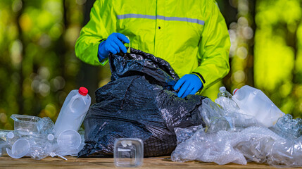Volunteers clean parks from waste. Hands pick up plastic bottles to protect the planet. Global...