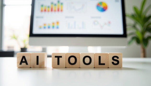 Wooden blocks reading ai tools on a desk with data charts on a monitor for technology background and ai tools banner for business dashboards