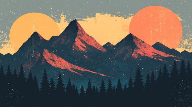 164.Minimalist illustration set with abstract terrains, bold mountain peaks, gentle forest outlines and flat graphic suns, textured retro tones enhancing the aesthetic.