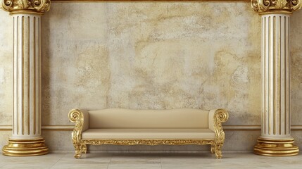 Fototapeta premium Ornate gold-trimmed sofa against a textured stone wall between classical columns in an opulent interior