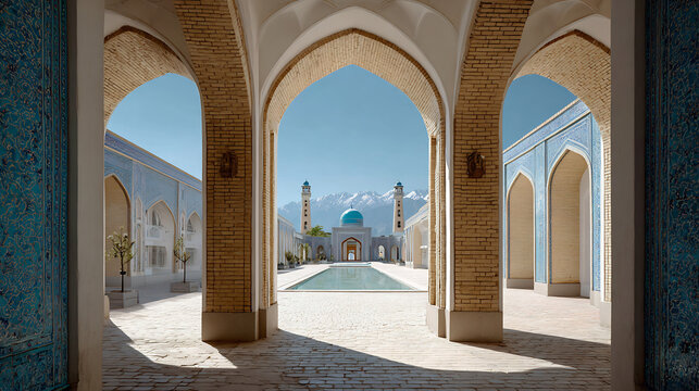 Ornate courtyard with central pool and mountain view