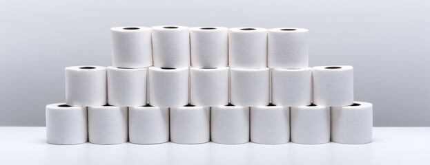 Stacked rolls of toilet paper arranged in pyramid formation on table 