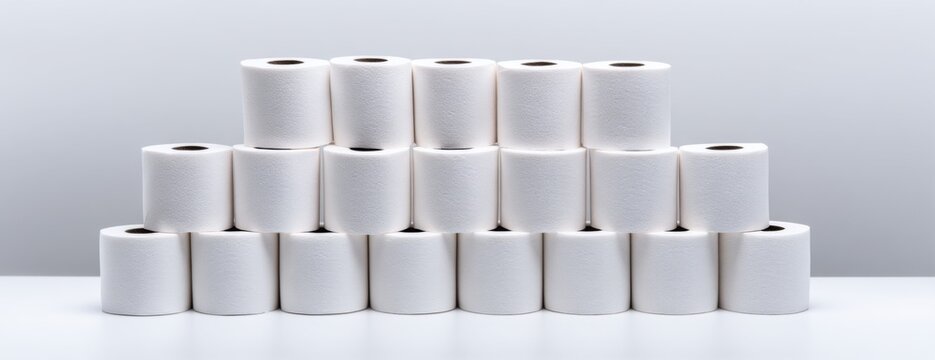 Stacked rolls of toilet paper arranged in pyramid formation on table  