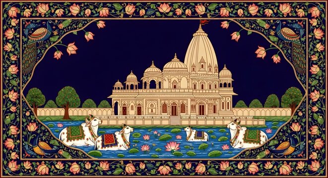 Intricate Mandir Wallpaper Featuring Traditional Hindu Temple with Lotus Pond and Decorative Border