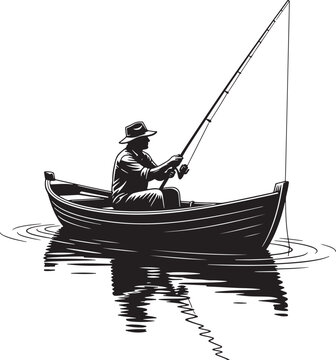Vintage fisherman in a wooden boat vector illustration, black and white silhouette of a man fishing on a lake, retro woodcut style angling graphic