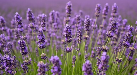 Fototapeta premium Beautiful vibrant purple lavender flowers blooming in a summer field.