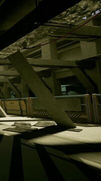 Workers are present at a construction site during evening hours. The building structure shows beams and shadows. Tools and materials are scattered around the area.