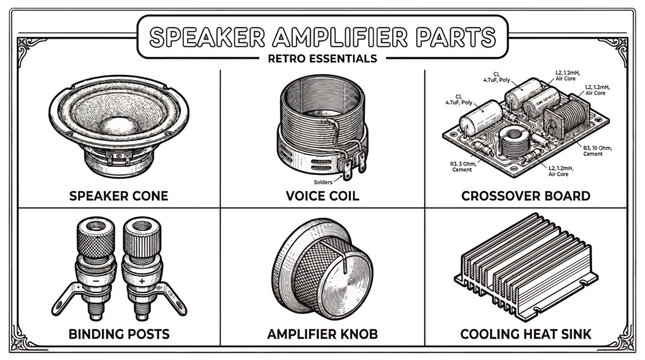 Collection of vintage speaker amplifier components with a retro feel