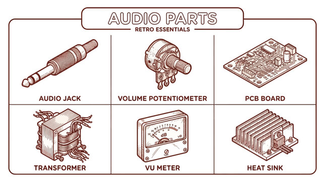 Collection of vintage audio electronic components for retro sound systems