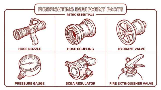 Firefighting equipment parts including hose nozzle, coupling, hydrant valve, pressure gauge, SCBA regulator, and extinguisher valve are shown.