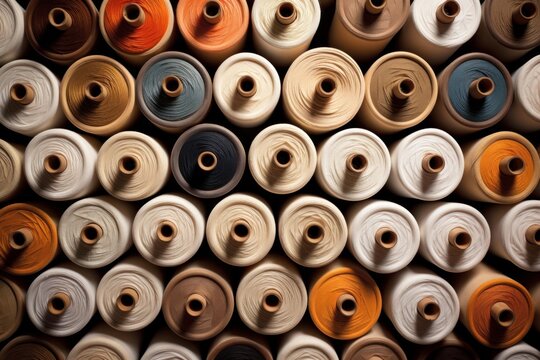 Spools of colorful thread arranged in rows, creating a visually appealing background representing textile production
