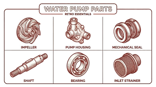 Retro essentials of water pump parts including impeller and mechanical seal