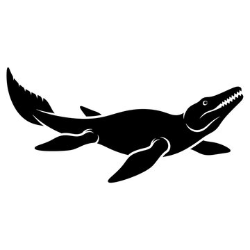 Black silhouette of a prehistoric mosasaur marine reptile.