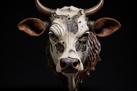 Surreal cow head sculpture with a distressed mask over patterned wood, presenting an uncanny animal concept