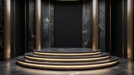 Fototapeta premium Black marble stage with gold accents and vertical columns in an elegant, upscale setting