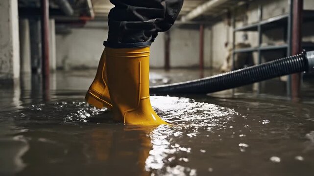 Close-up of man's rubber boots in flood concept. Flooded basement with person wearing yellow rain boots standing in water with hose pipe and industrial background