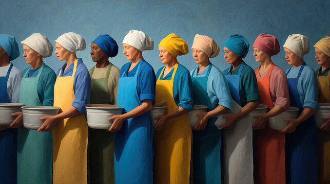 A group of individuals volunteering at a local food bank with warm and compassionate style elements, selfless and giving