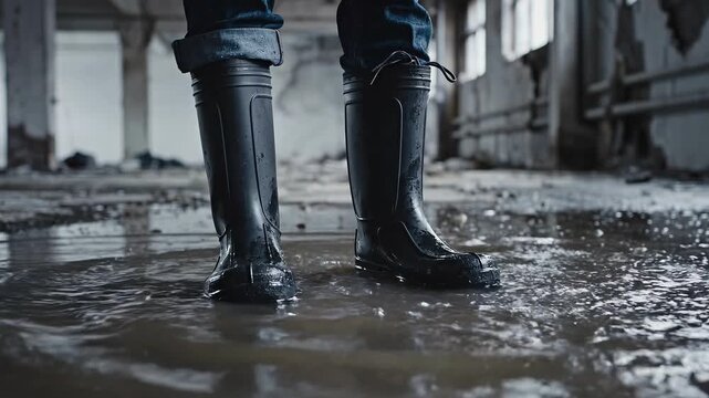 Close-up of man's rubber boots in flood concept. Person wearing black rubber boots splashing water inside a flooded abandoned building