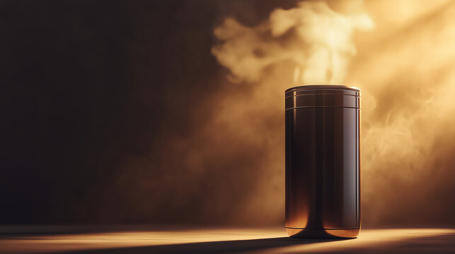 Minimalist black speaker with smoke in dramatic lighting