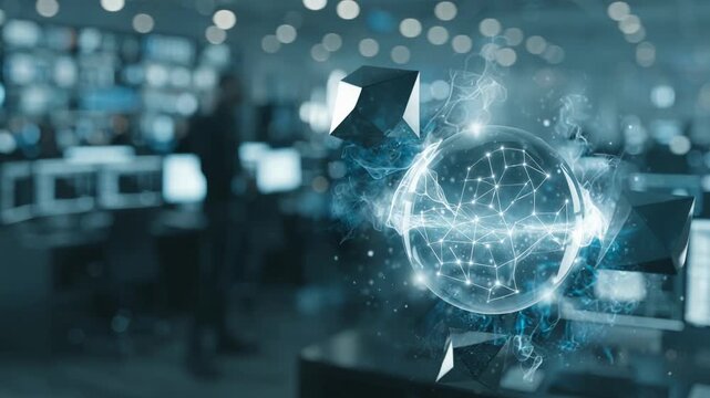 Medium shot of a futuristic blockchain platform confirming multiasset securities trades focusing sharply on trade validation status while the general trading floor remains out of