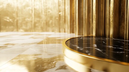 Fototapeta premium Luxurious golden and black marble interior with reflective surfaces, elegant and opulent design