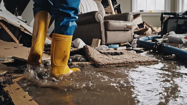 Close-up of man's rubber boots in flood concept. Person wearing yellow boots cleaning flooded wet floor in damaged living room with water and debris
