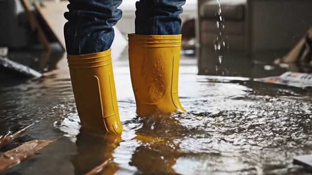 Close-up of man's rubber boots in flood concept. Person wearing yellow rain boots splashing water indoors during home flooding or water damage cleanup