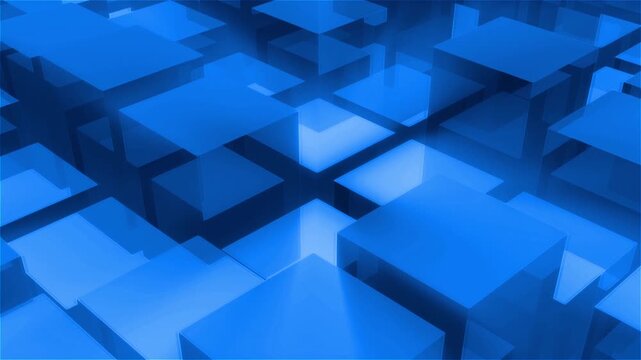 Blue box into the world of 3D dynamic cubes Background. synchronized dance that creates a captivating background