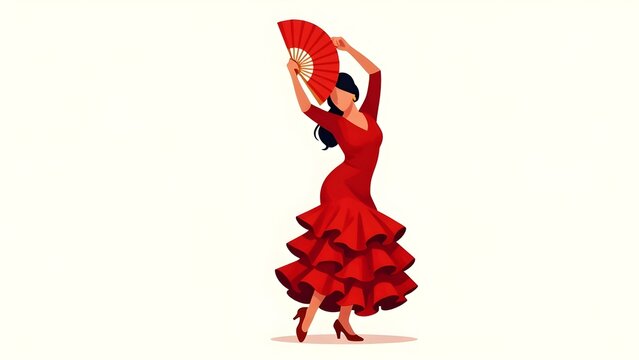 Traditional flamenco dance performance, expressive woman in red, vector illustration