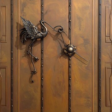 A bronze door with a crane and spider door handle