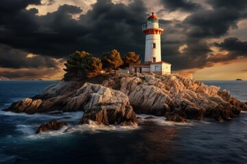 Fototapeta premium Lighthouse illuminating a rugged coastline with dramatic sky and ocean waves during sunset