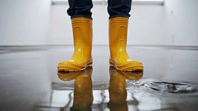 Close-up of man's rubber boots in flood concept. Yellow rain boots standing in a shallow water puddle with reflections on the floor