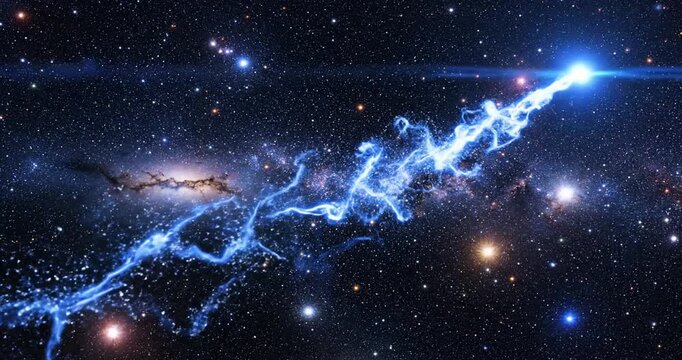 Electric blue light travels through space.