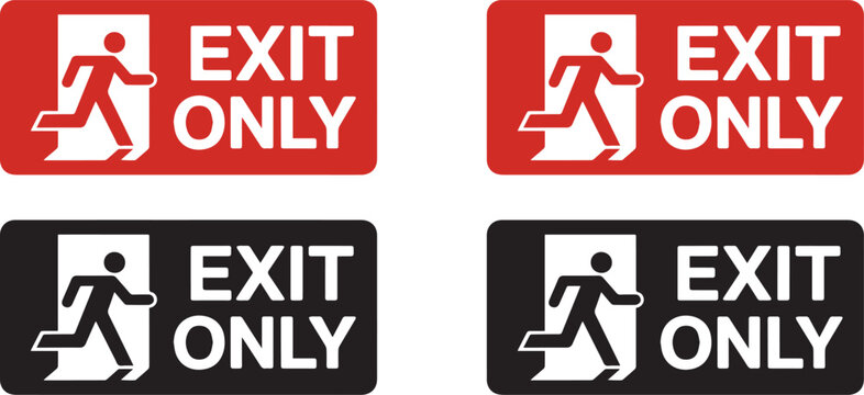 Red and black exit only signs with running man pictogram door icon set vector illustration isolated on checkered backgrounds.