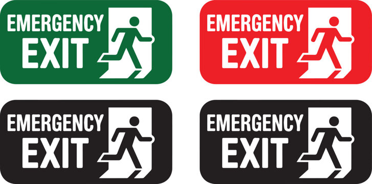 Emergency exit signs in green red and black with running man pictogram vector illustration isolated on checkered backgrounds.