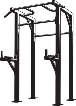 Black metal power rack vector illustration, heavy duty gym squat cage for strength training, pull up bar and dip station fitness equipment