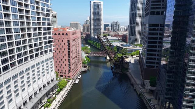 Drone Shot of Chicago Kinzie Street and Old Railroad Bascule Bridge, Permanently Raised Above River, Historic City Landmark