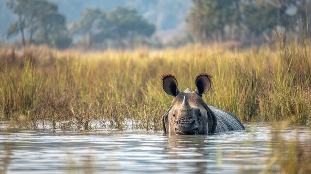 A solitary Indian Rhinoceros stands in shallow water amidst tall dry grass during a sunny day its thick grey skin covered in mud and water droplets its ears are erect and alert with a textured horn