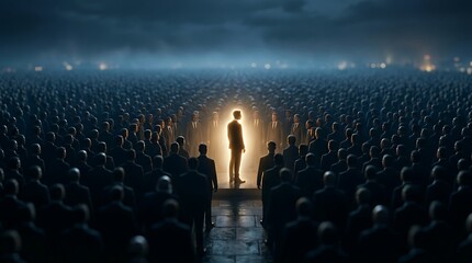 Obraz premium Business leader standing confidently in front of a large crowd during a conference or presentation, illuminated by dramatic lighting symbolizing influence and leadership