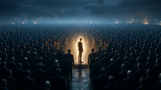 Business leader standing confidently in front of a large crowd during a conference or presentation, illuminated by dramatic lighting symbolizing influence and leadership