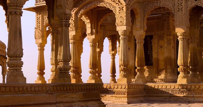 Ornate carved sandstone architecture of Bada Bagh, historic Cenotaphs in Rajasthan, India