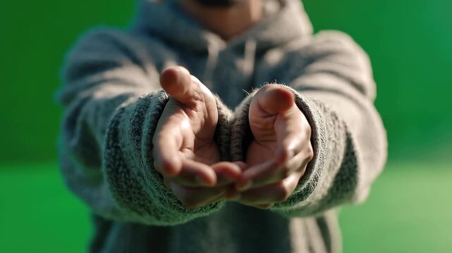 Hands reach out toward a distant object against a green screen background during a creative project in a studio space