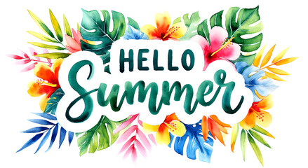 Colorful hello summer greeting with tropical flowers and leaves in watercolor style design © EyeCatchingDesign