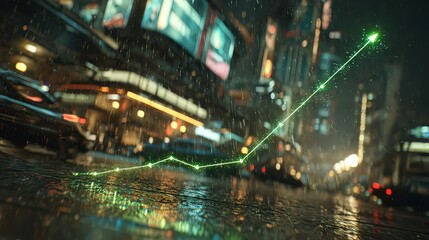 Obraz premium Abstract Green Data Growth Line Chart Overlay on a Rainy Urban Street at Night with Bokeh Lights and Cityscape Blur