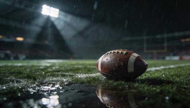 American football on a wet grass field during a night rainstorm. Close up of a leather ball in a stadium under floodlights. Sports game in rainy weather concept